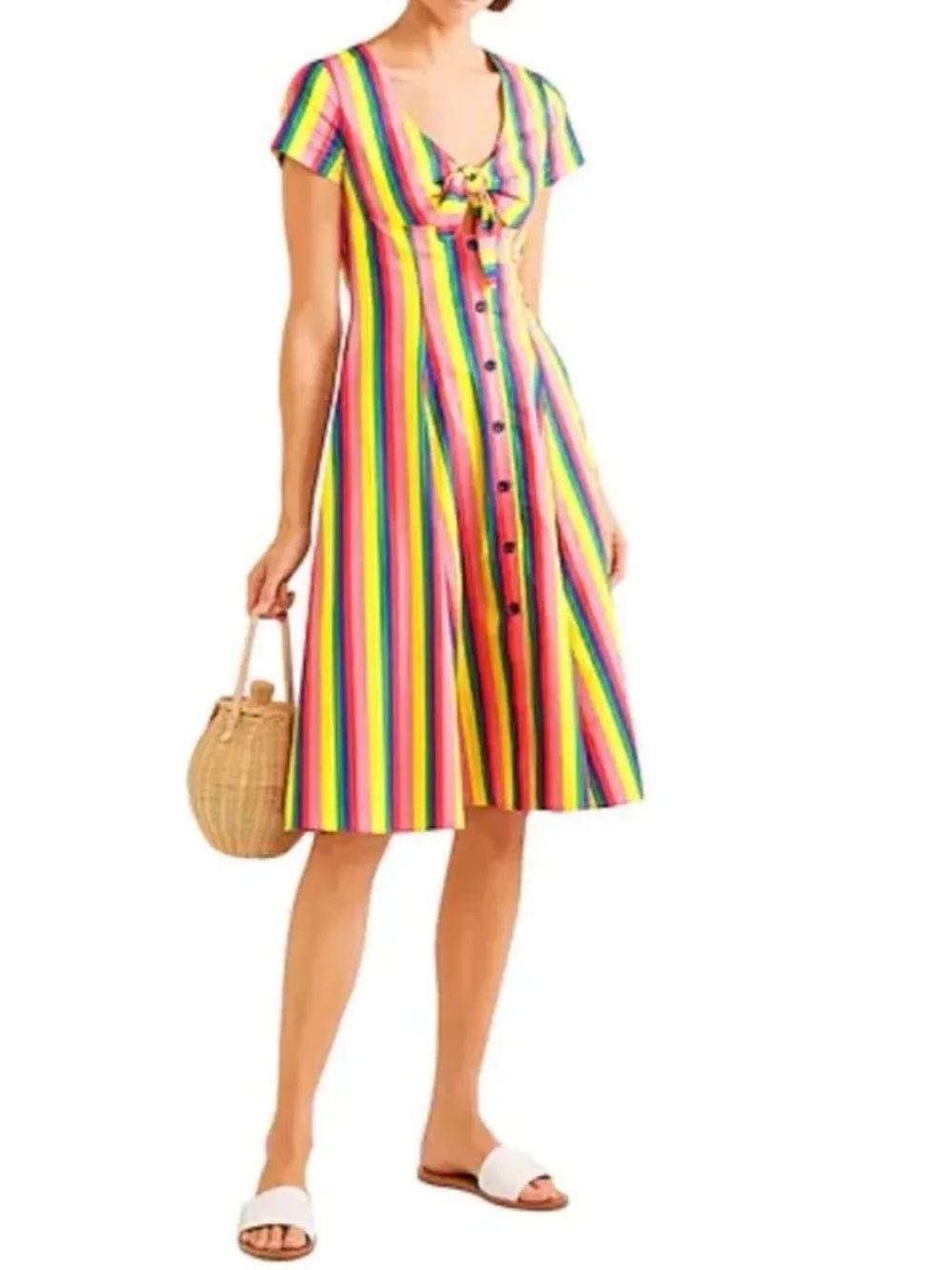 STAUD Multicolor Stripe Tie-Front Button Midi Dress